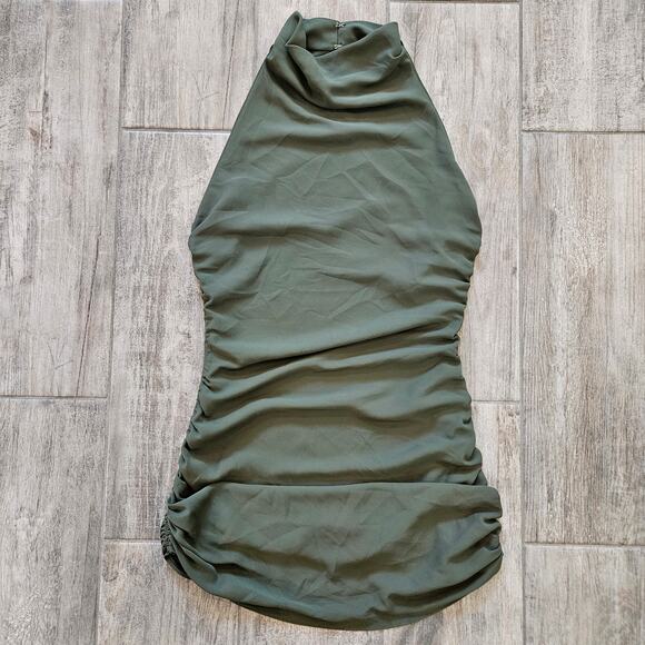 Amanda Uprichard Kaylee Halter Ruched Mini Dress S Olive Green Date Night Party - Picture 4 of 11